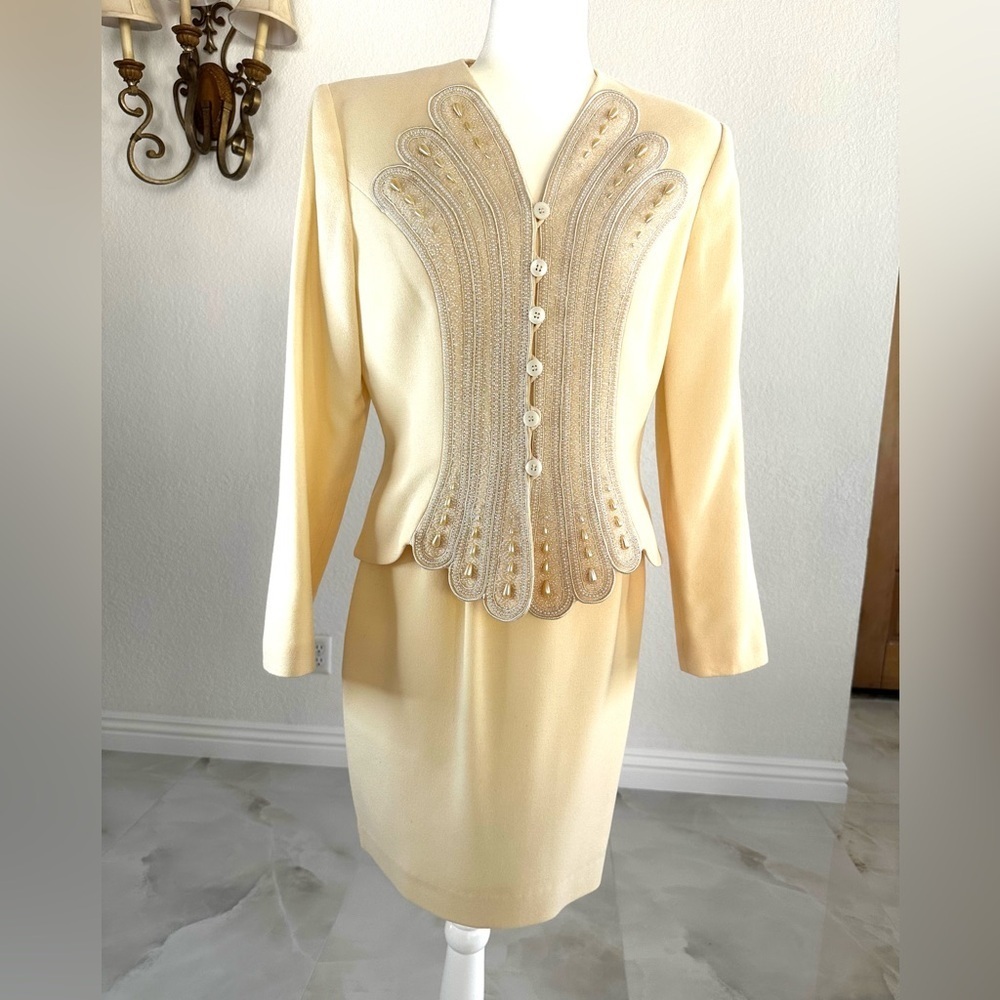 Formal Cream Skirt Suit with Pearl-Embellished Jacket